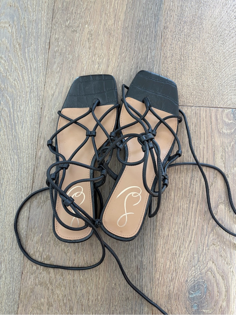 Sam Edelman Black Lace-Up Square-Toe Strappy Sandals